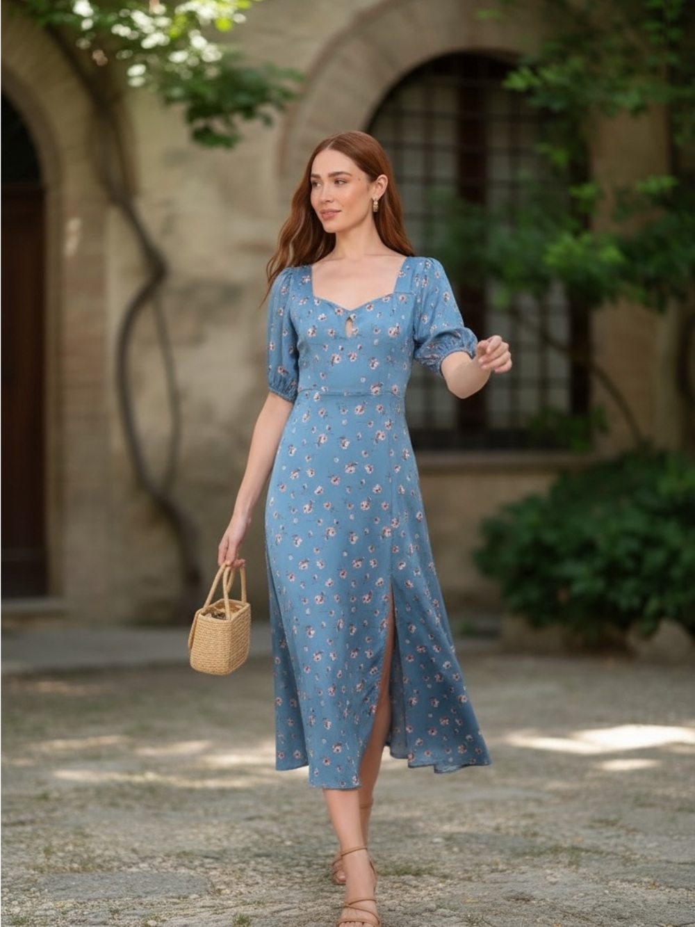 Lulu's Dusty Blue Floral Square-Neck Midi Dress Sz XL